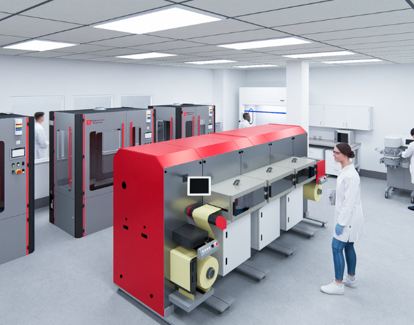 Rendering of the battery lab dry room with large, red battery equipment